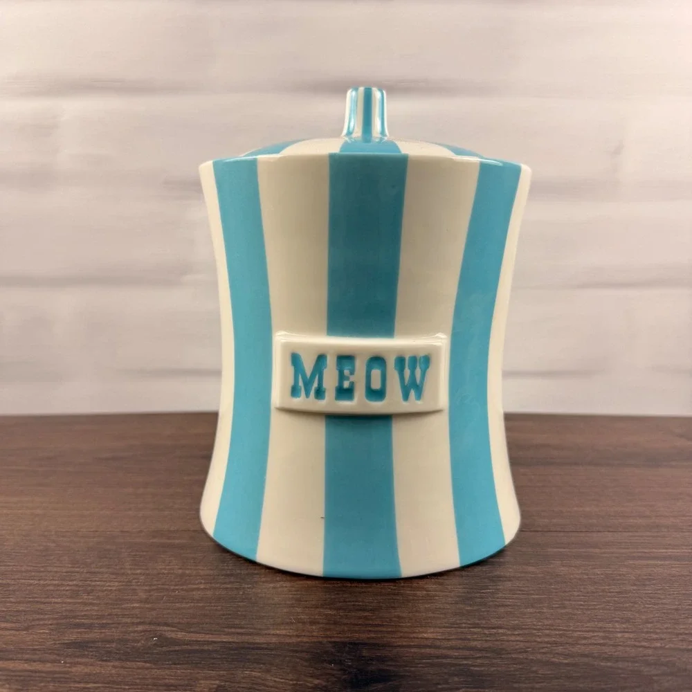 Jonathan Adler Vice MEOW Canister Blue White Striped Porcelain Lidded Jar
